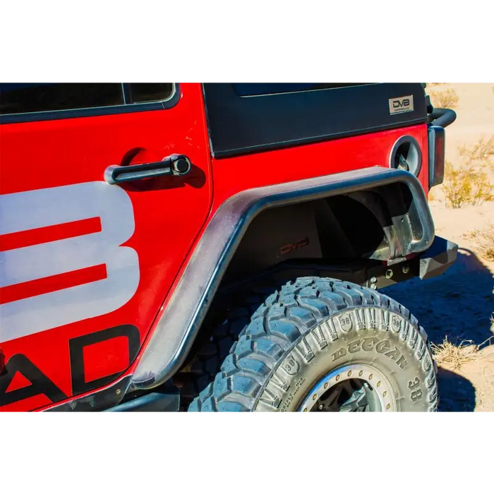 Red Jeep with DV8 Offroad Front & Rear Flat Tube Fenders