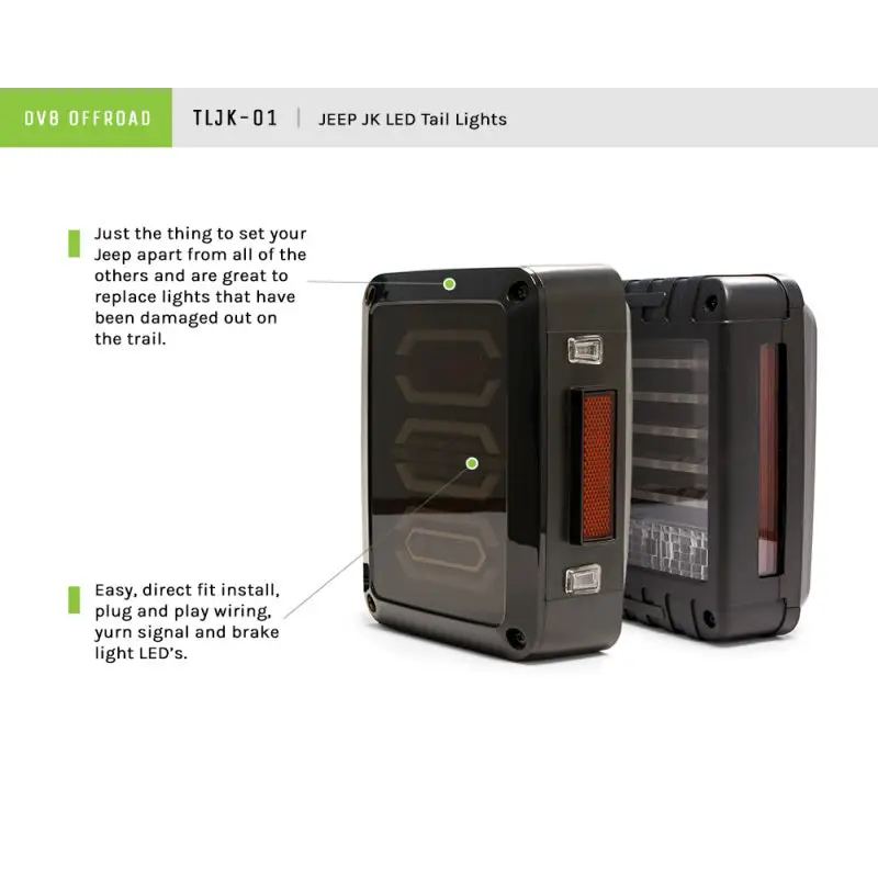 DV8 Offroad 07-18 Jeep Wrangler JK horizontal LED tail light with two electronic devices.