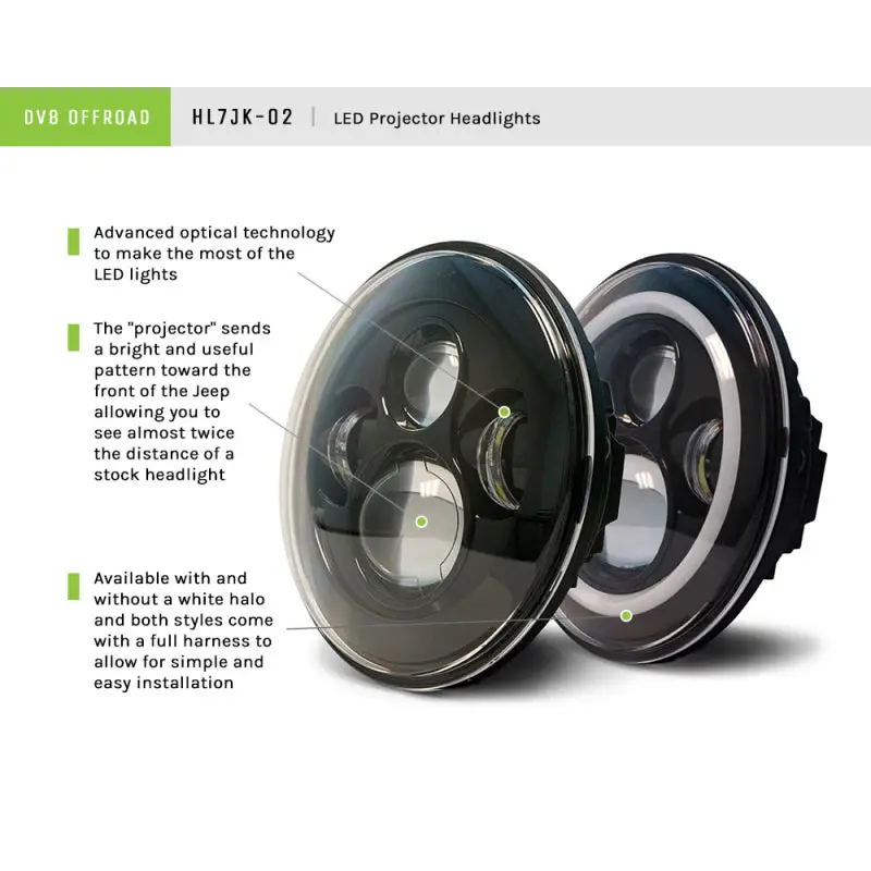 Close up of DV8 Offroad 07-18 Jeep Wrangler JK LED Projector Headlights with Angel Eyes diagram.