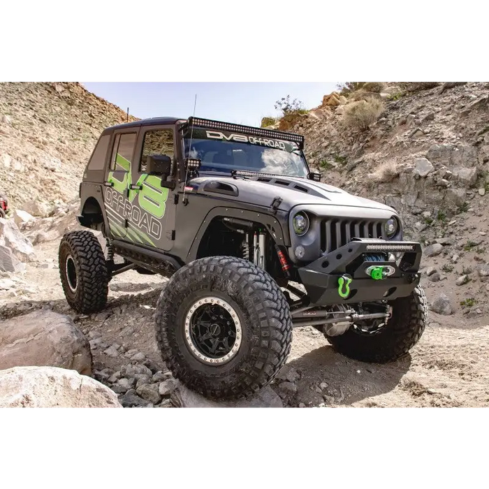 DV8 Offroad Jeep Wrangler JK Metal Heat Dispersion Hood - Primer Black with green and black decal