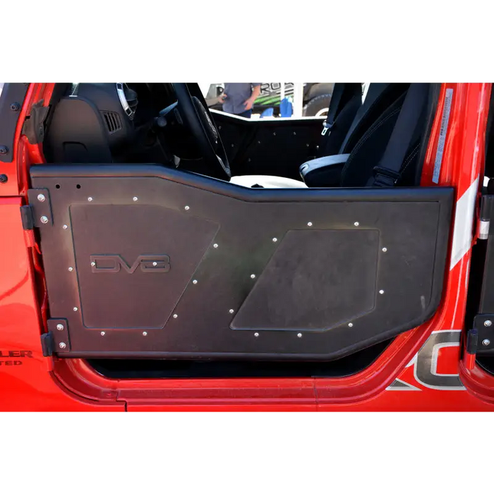 Red Jeep Wrangler JK rock doors, rear door open