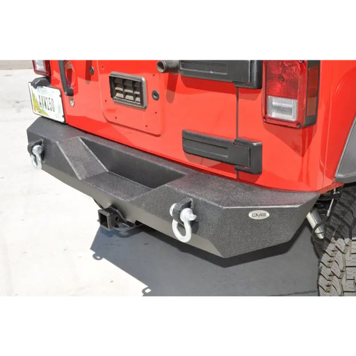 Red Jeep Wrangler JK Steel Mid Length Rear Bumper with black powder coating.