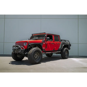 Red Jeep with black bumper and wheels - DV8 Offroad 07-23 Hinge Mounted Step