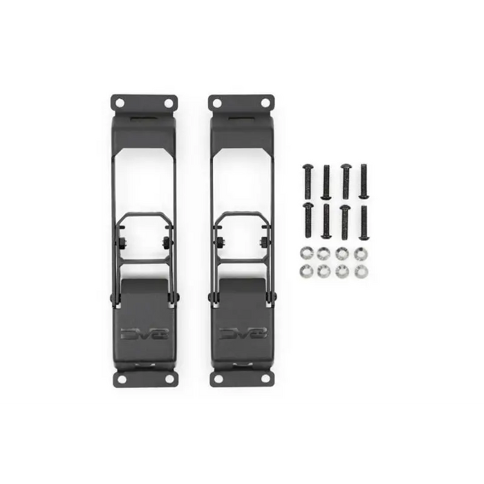 Black metal door handles with screws on DV8 Offroad 07-23 Jeep Gladiator Wrangler hinge mounted step.
