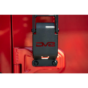 Red Jeep with Black Seat Belt on DV8 Offroad Hinge Mounted Step