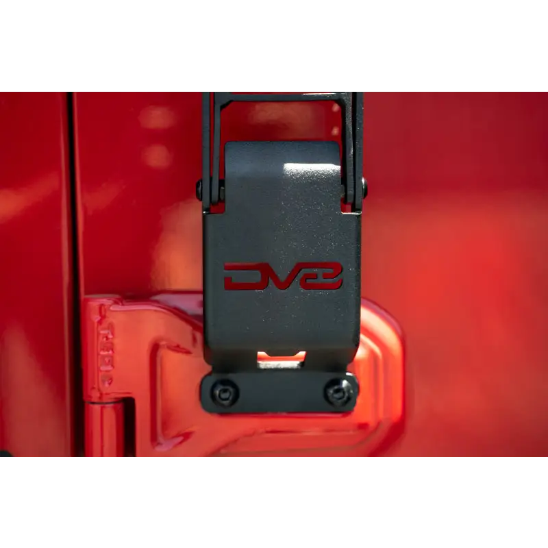 Red Jeep with Black Seat Belt on DV8 Offroad Hinge Mounted Step