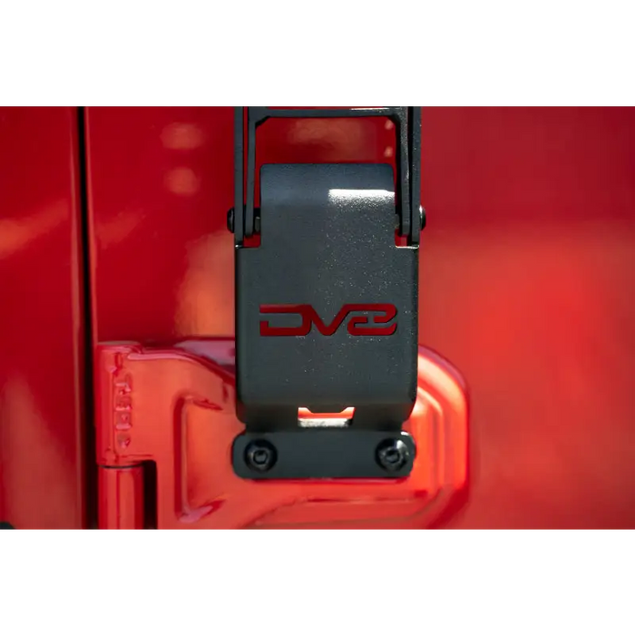 Red Jeep with Black Seat Belt on DV8 Offroad Hinge Mounted Step