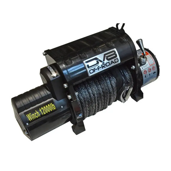 Close up of DV8 Offroad 12000 LB Winch with synthetic line and wireless remote in black