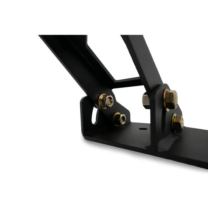 Adjustable black metal bracket attached to back of DV8 Offroad Jeep Wrangler JL dead pedal.