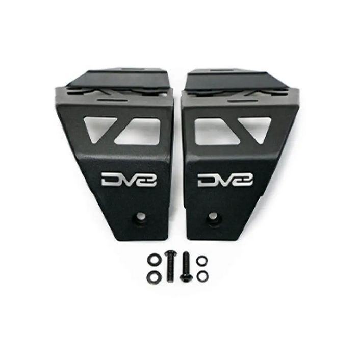 Pair of black front and rear skid plates for EVC displayed on DV8 Offroad Jeep Wrangler JT Cowl Light Bar Bracket.