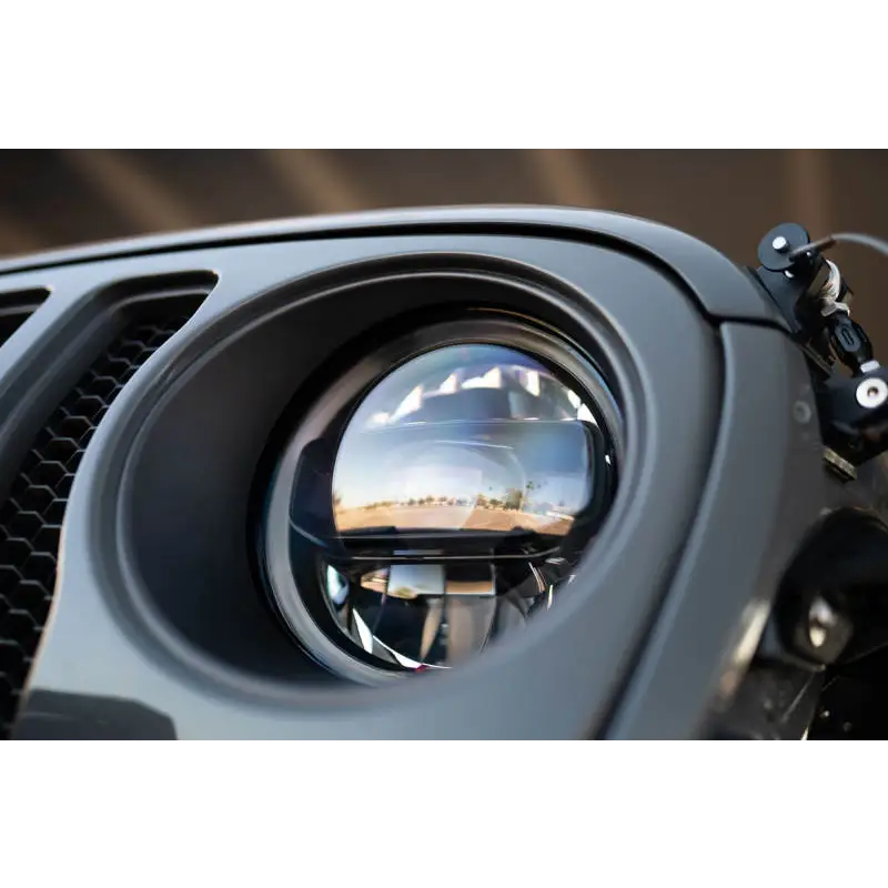 DV8 Offroad LED Projector Headlights for Jeep Wrangler with Close-Up of Front View Mirror