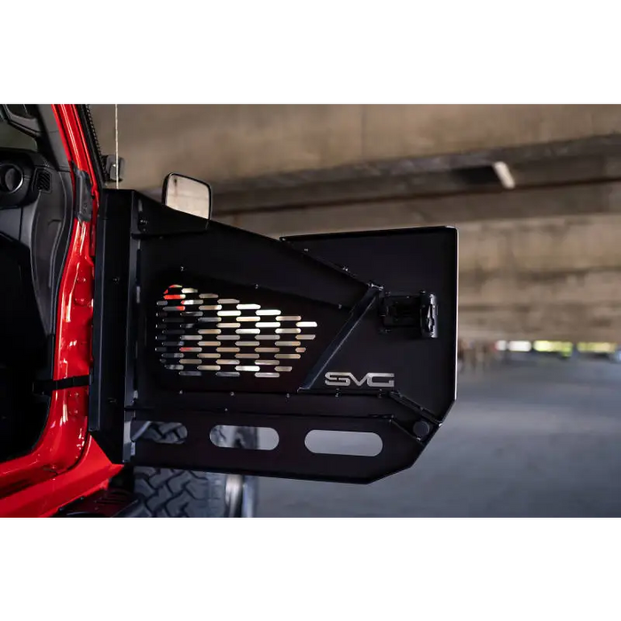 DV8 Offroad front set spec series half doors on red Jeep.