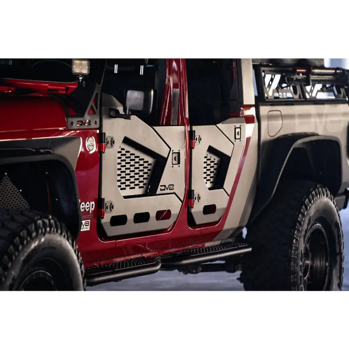 Front door of red Jeep with white and black stripe - DV8 Offroad Spec Series Half Doors