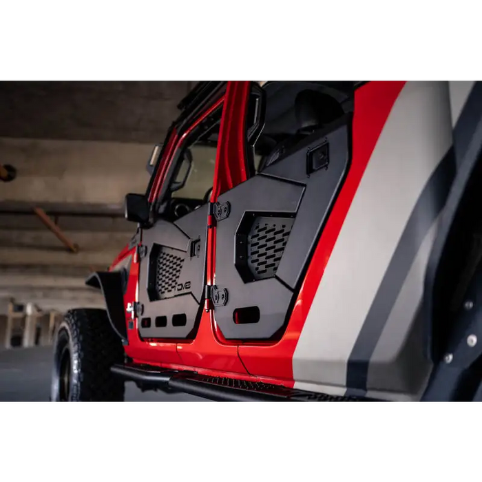 DV8 Offroad Spec Series Half Doors - Rear Set: Front view of open Jeep door.