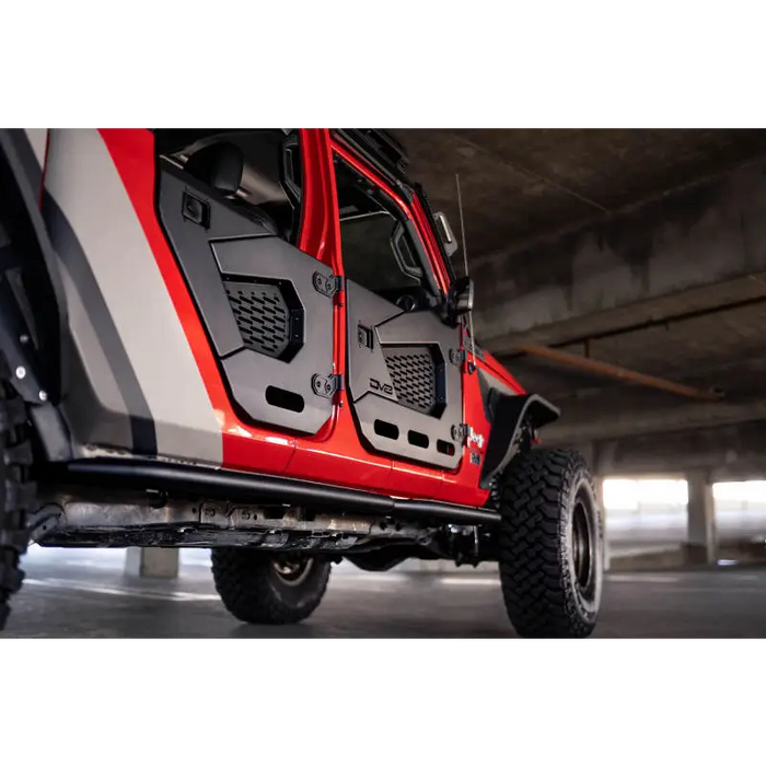 Red Jeep parked in parking garage - DV8 Offroad 18-22 Jeep Wrangler JL/JT Spec Series Half Doors