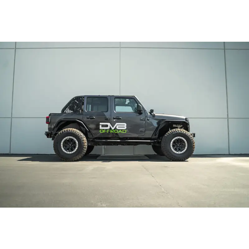 Black Jeep with Front Tire on DV8 Offroad Jeep Wrangler JL 4 Door Pinch Weld Step