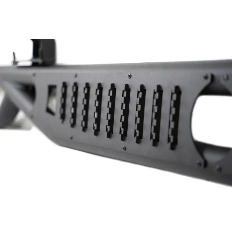 Black plastic front bumper on DV8 Offroad 18-23 Jeep Wrangler JL 4 Door Body/Pinch Weld Mounted Step