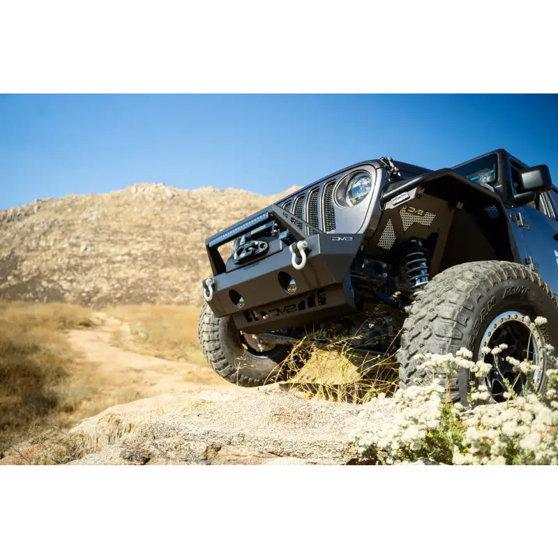 Black Jeep Wrangler JL/JT front bumper with sway bar disconnect motor skid plate.