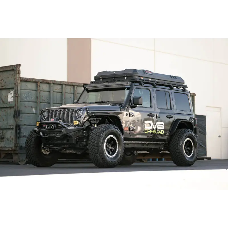 DV8 Offroad Spec Series Front Bumper for Wrangler JL/Gladiator JT with black roof rack and bumper