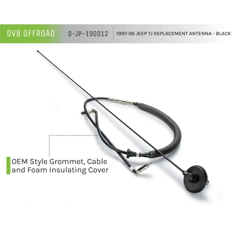 Close-up of black corded stethoscope, DV8 Offroad 1997-06 Jeep TJ Replacement Antenna Black.