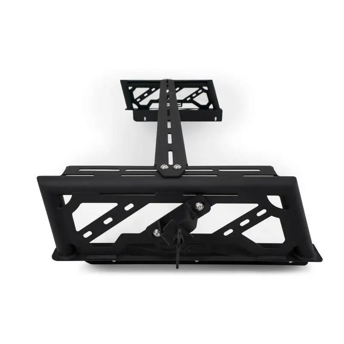 Black car with black bumper in DV8 Offroad Overland Bed Rack for Toyota Tacoma.