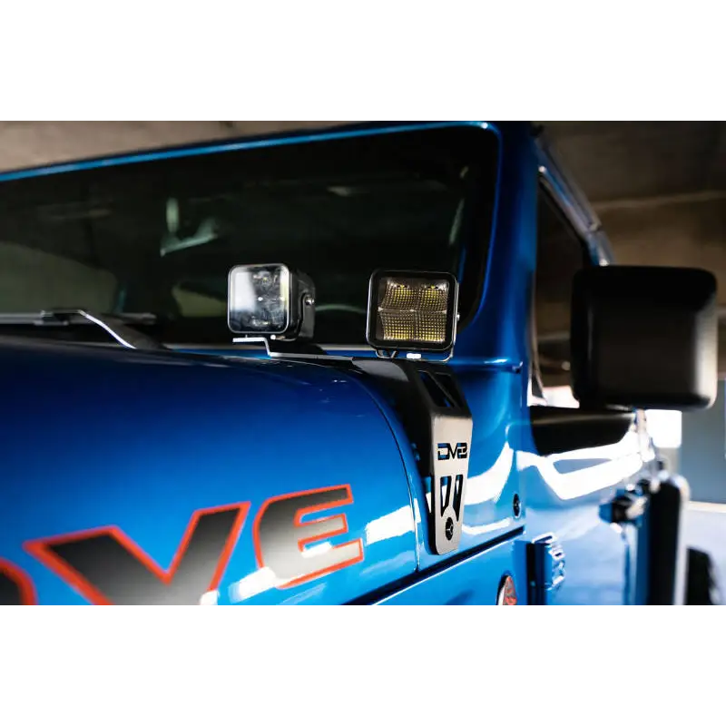 Blue truck with white and red stripe dual pod light mounts.