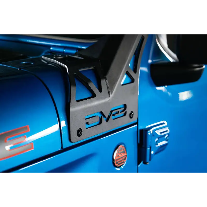 DV8 Offroad Jeep JL 392 & JT Mojave A-Pillar Light Bar Mount - Side window of blue Jeep