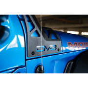 Blue car front end with black and red logo, DV8 Offroad A-Pillar Light Bar Mount