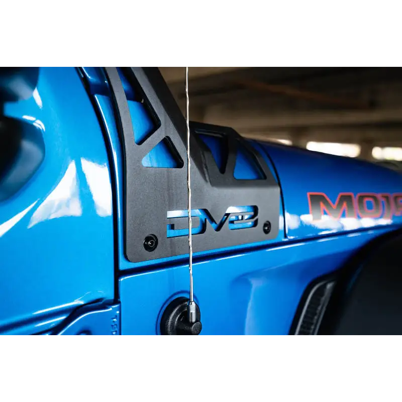 Blue car front end with black and red logo, DV8 Offroad A-Pillar Light Bar Mount