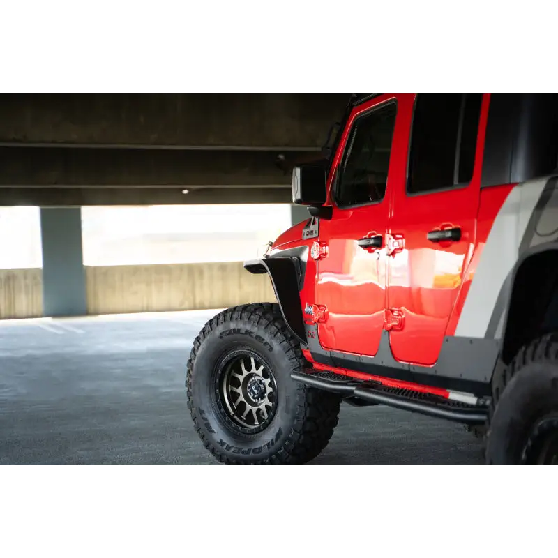 Red Jeep Gladiator JT slim fender flares with black and white bumpers