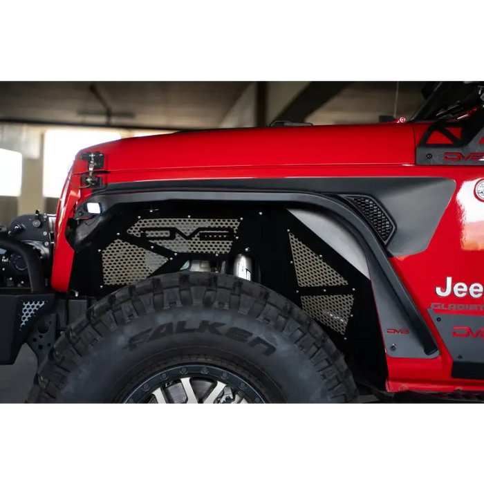 Close up of red Jeep with black bumper, DV8 Offroad slim fender flares