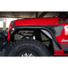 Close up of red Jeep with black bumper, DV8 Offroad slim fender flares