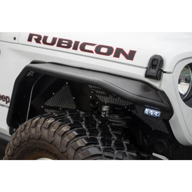 White Jeep Gladiator JT with black bumper and red logo - DV8 Offroad Spec Series Fender Flares