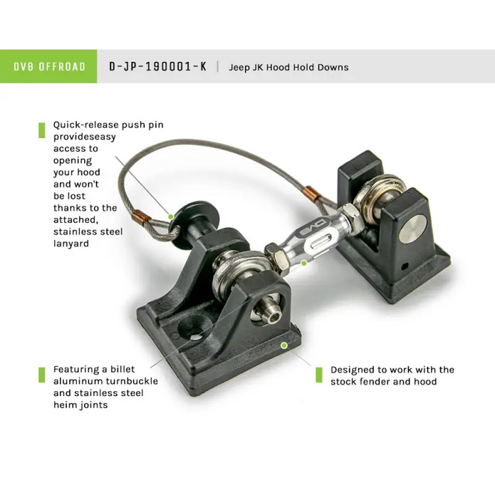 Front and back view of DV8 Offroad 2007-2018 Jeep JK Hood Hold Downs.
