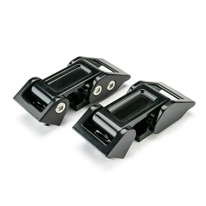 DV8 Offroad 2007-2018 Jeep Rocklaw Hood Catch System: Pair of black plastic front bumper mounts for Jeep Wrangler.