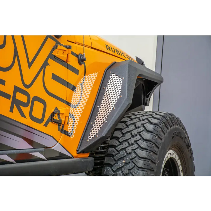 Yellow Jeep Wrangler with black bumper - DV8 Offroad Armor Style Fenders