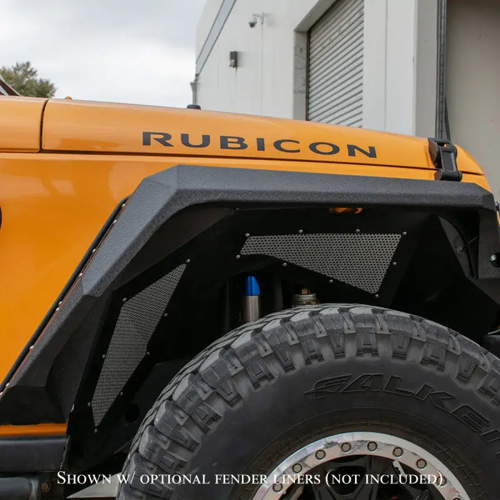 Close-up of tire on DV8 Offroad 2007-2018 Jeep Wrangler Armor Style Fenders.