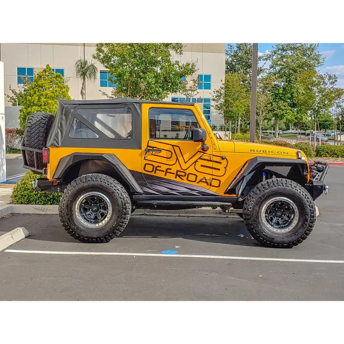Yellow Jeep with black top and tires: DV8 Offroad 2007-2018 Jeep Wrangler Armor Style Fenders
