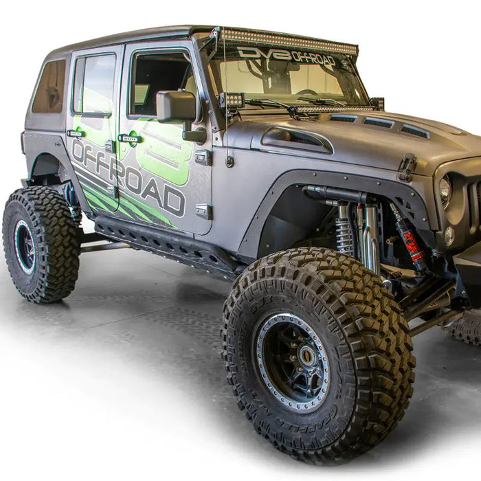 Gray Jeep with green and white stripe on DV8 Offroad Jeep Wrangler Fender Delete Kit