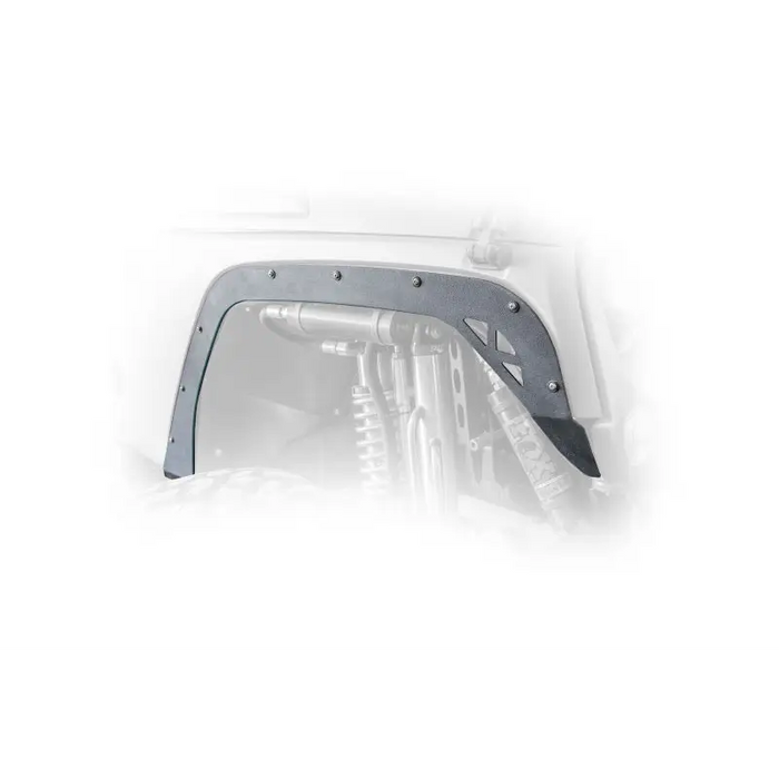 White truck with black roof rack on DV8 Offroad 2007-2018 Jeep Wrangler Fender Delete Kit.