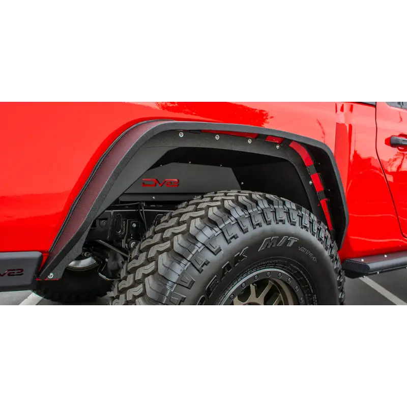 Close up of red Jeep with black bumper - DV8 Offroad Jeep Gladiator Rear Inner Fenders.