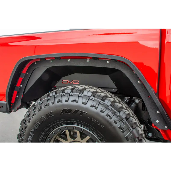 Red truck with tire rack - DV8 Offroad Gladiator Rear Inner Fenders in Black