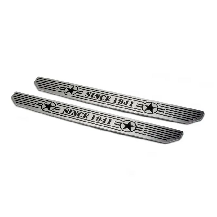 Chrome front bumper emblems for Mercedes, shown on DV8 Offroad 2018-2019 Jeep Gladiator JL Front Sill Plates