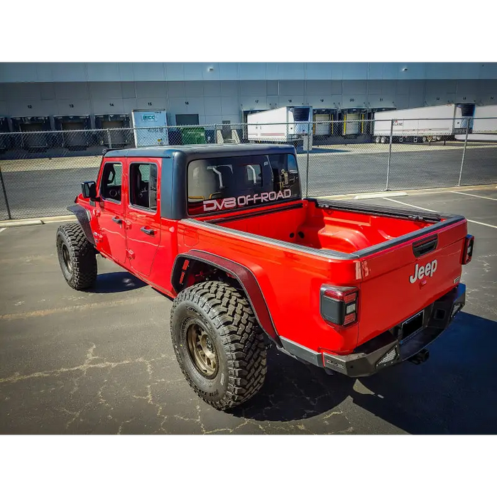 Red Jeep Gladiator DV8 Offroad Rear Bumper with Black Top and Tires