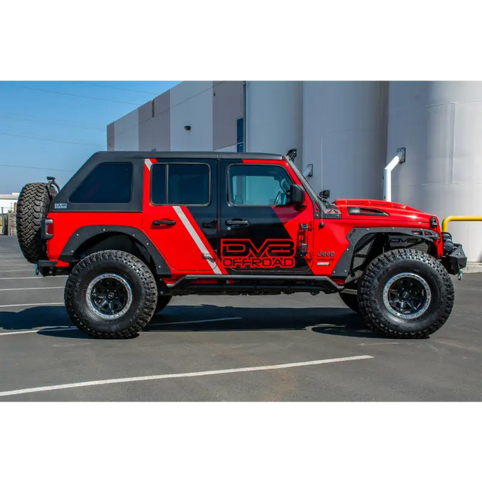 Red Jeep with black bumper and white stripe - DV8 Offroad 2018+ Jeep JL Fender Delete Kit