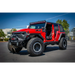 Red Jeep with big tire parked, DV8 Offroad 2018+ Jeep JL/ Gladiator Angry Grill.
