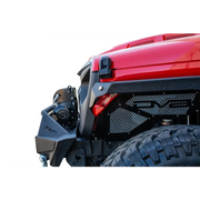 Red Jeep with Black Bumper and Tire by DV8 Offroad Gladiator Angry Grill