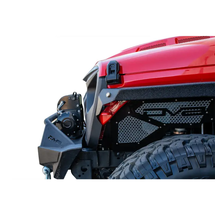 Red Jeep with Black Bumper and Tire by DV8 Offroad Gladiator Angry Grill