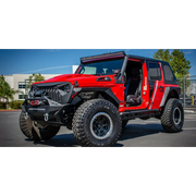 DV8 Offroad 2018+ Jeep JL/ Gladiator Angry Grill with red Jeep parked in parking lot
