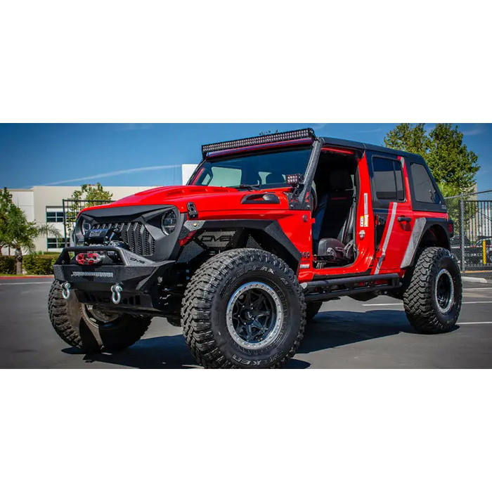 DV8 Offroad 2018+ Jeep JL/ Gladiator Angry Grill with red Jeep parked in parking lot